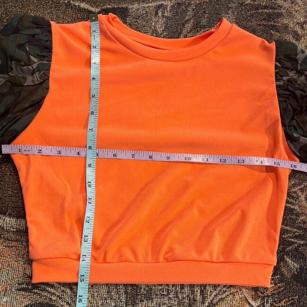 Neon Orange Camo Puff Sleeve Top Military Style Long Sleeve Small - Picture 4 of 6